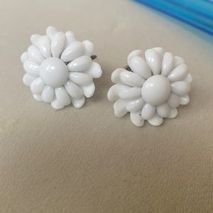 West Germany white glass flowers earrings
